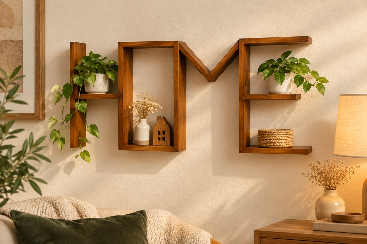 هوم | رف خشبي جداري بتصميم HOME