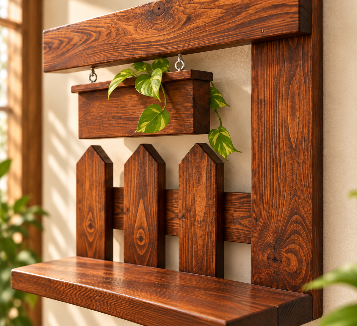 ريف | رف خشبي جداري مع حوض نباتات معلّق